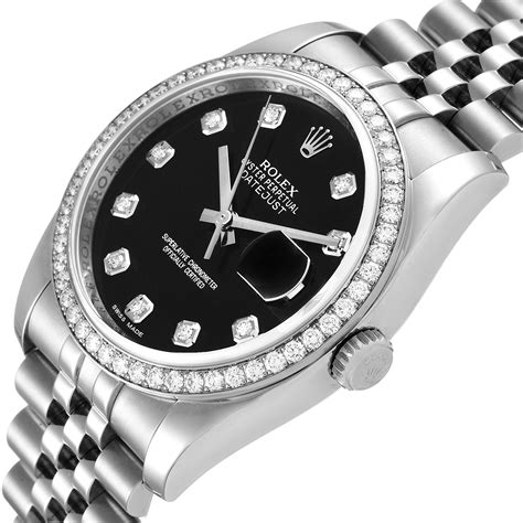 stainless rolex datejust black dial diamond bezel|Rolex Datejust 36 with diamonds.